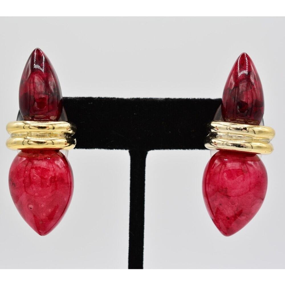 Vintage Christmas Ornament Earrings Red Lucite Marbled Chunky Gold 1980s BinAB